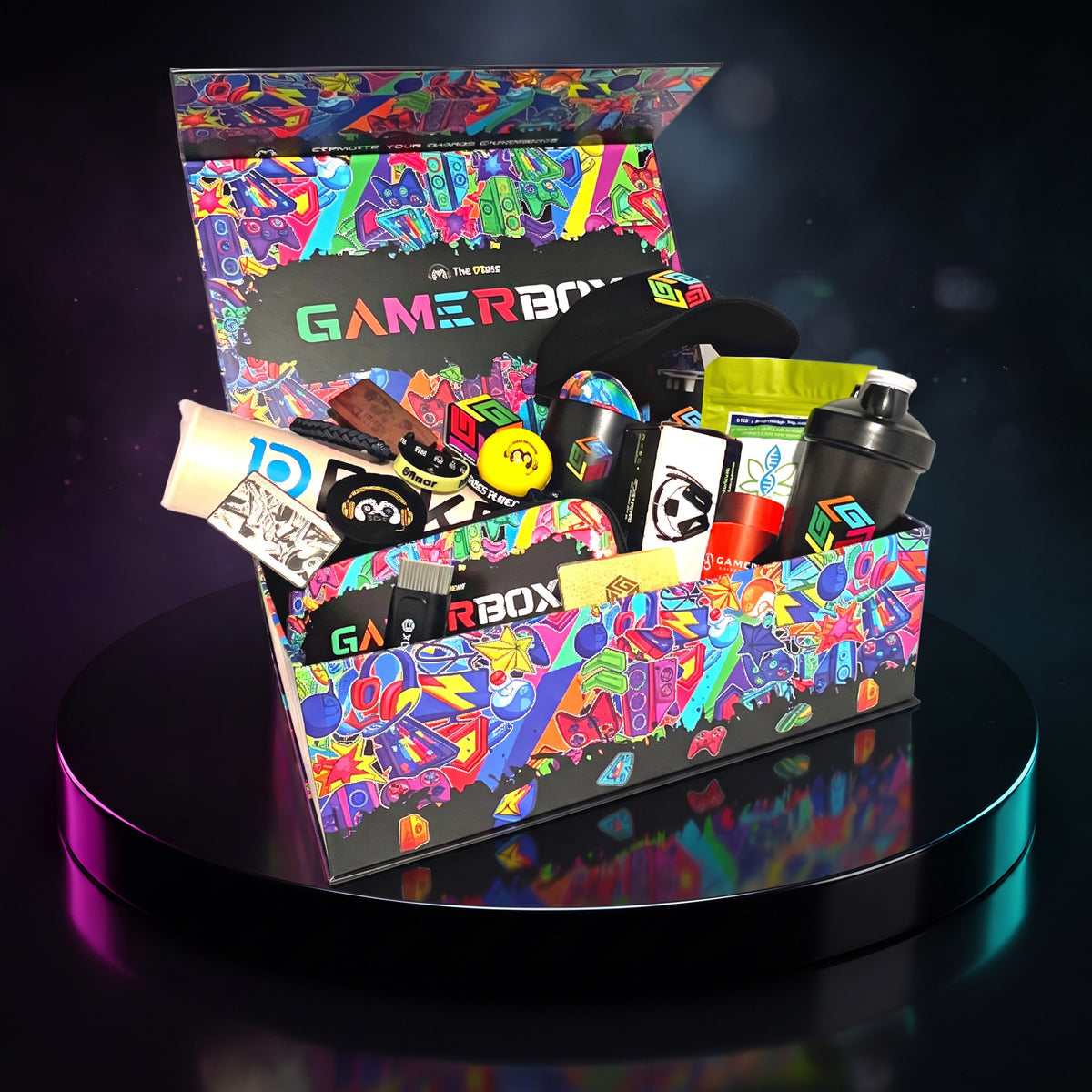 The 99ovr GamerBox open on a display pedestal showing the apparel and accessories inside